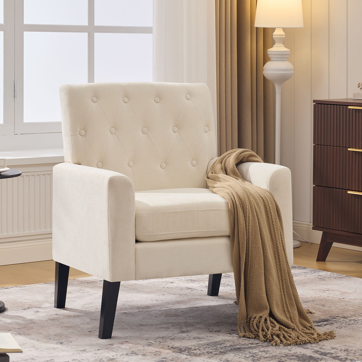 Mid Century Modern Accent Chairs, Beige Chenille Office Chair for Reception - Tufted Upholstered Club Chair for Living Room, Bedroom, or Waiting Room