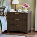 Fluted Nightstand with 3 Drawers, Mid-Century Modern Bedside Table, 23.7'' Wide Wood End Table for Bedroom, Walnut Finish