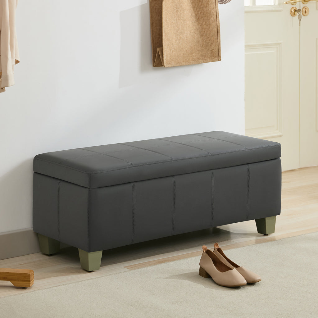 Faux Leather Storage Ottoman Bench, Rectangle Upholstered Storage Bench with Wooden Legs, Stitch Tufted Bench with Storage for Bedroom, Living Room, Entryway