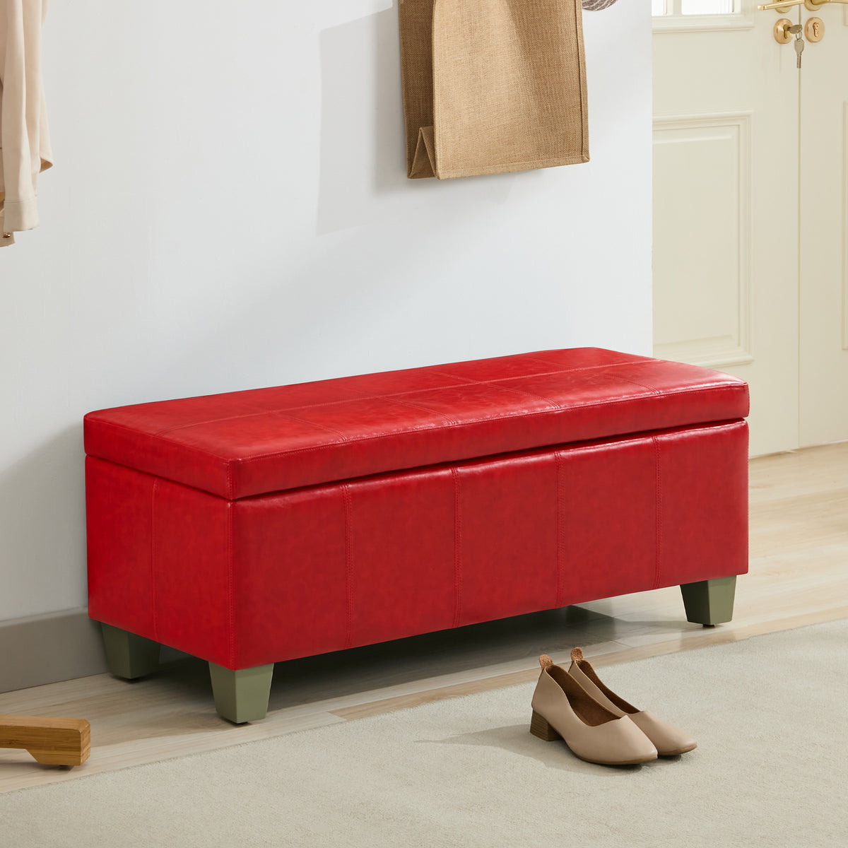 Faux Leather Storage Ottoman Bench, Rectangle Upholstered Storage Bench with Wooden Legs, Stitch Tufted Bench with Storage for Bedroom, Living Room, Entryway