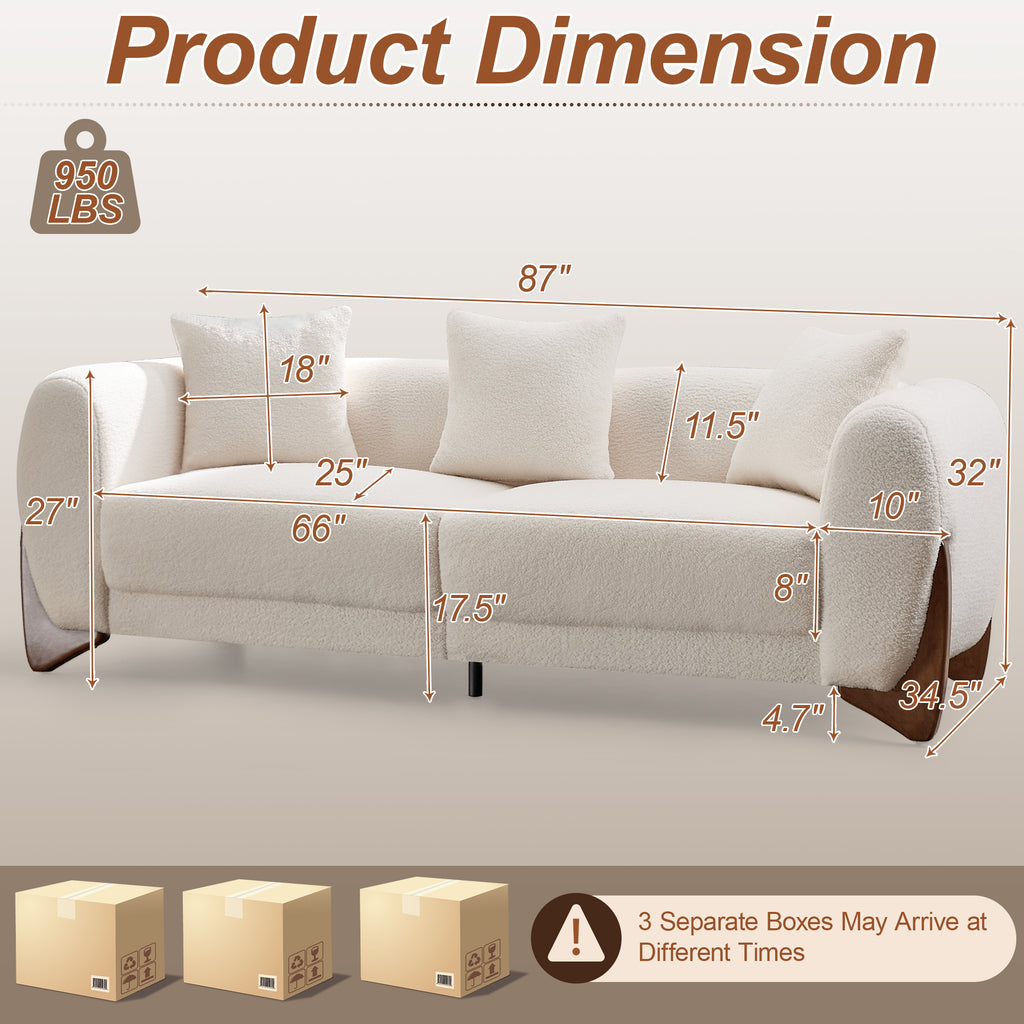 87" Boucle Couch with Solid Wood Legs,Beige