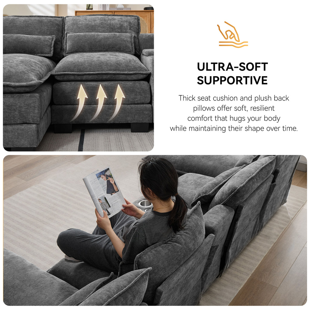 125'' U Shaped Cloud Modular Sectional Sofa with Chaise Lounges, Chenille Upholstered Comfy Couch with Storage Console, USB Charging Ports & Cup Holders, Modern Deep Seat Sofa for Living Room