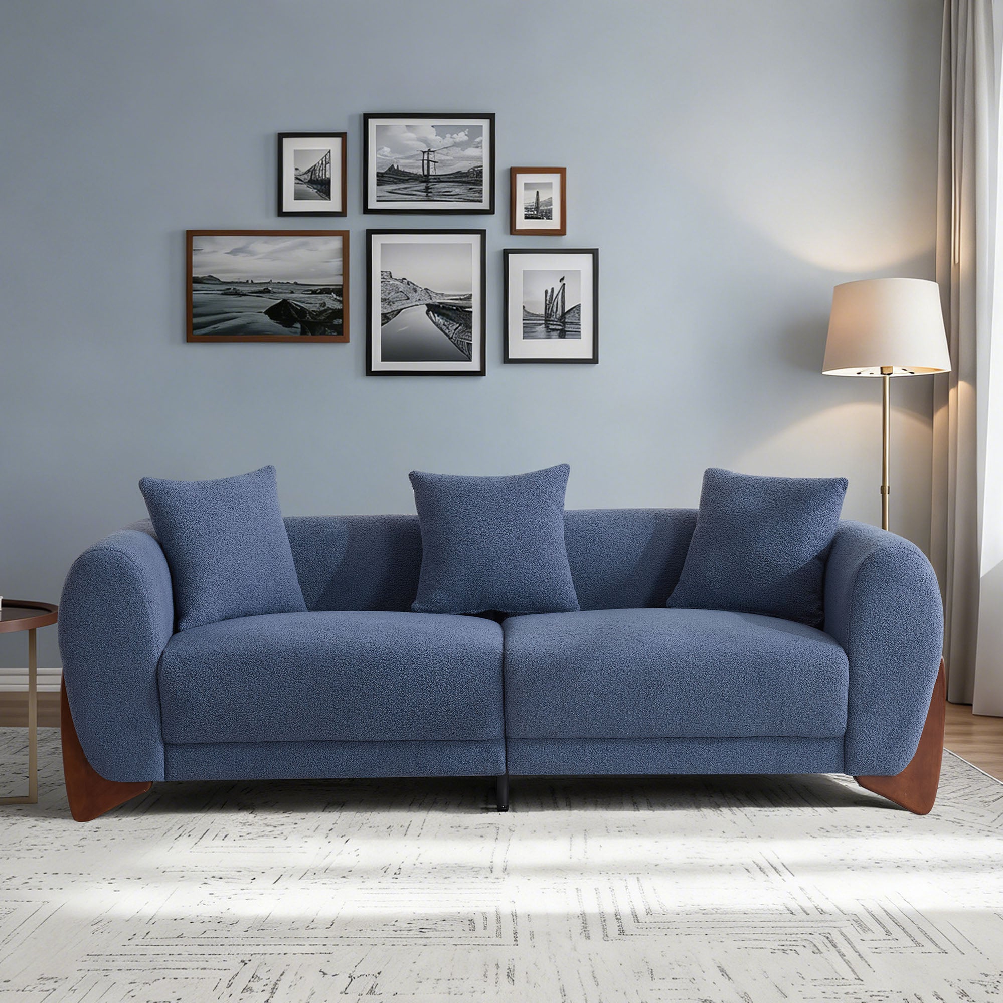 87" Boucle Couch with Solid Wood Legs,Blue
