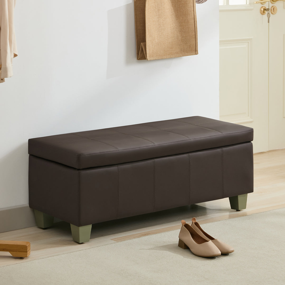 Faux Leather Storage Ottoman Bench, Rectangle Upholstered Storage Bench with Wooden Legs, Stitch Tufted Bench with Storage for Bedroom, Living Room, Entryway