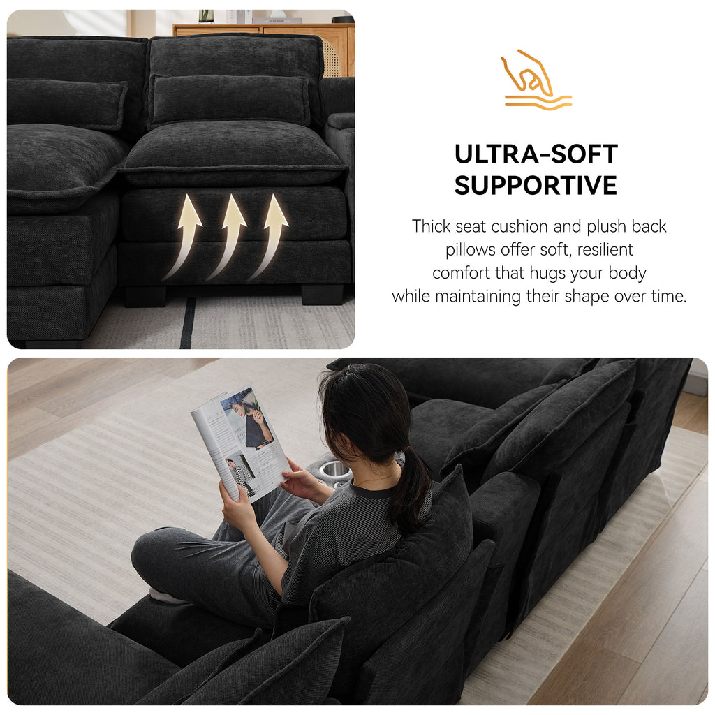 125'' U Shaped Cloud Modular Sectional Sofa with Chaise Lounges, Chenille Upholstered Comfy Couch with Storage Console, USB Charging Ports & Cup Holders, Modern Deep Seat Sofa for Living Room