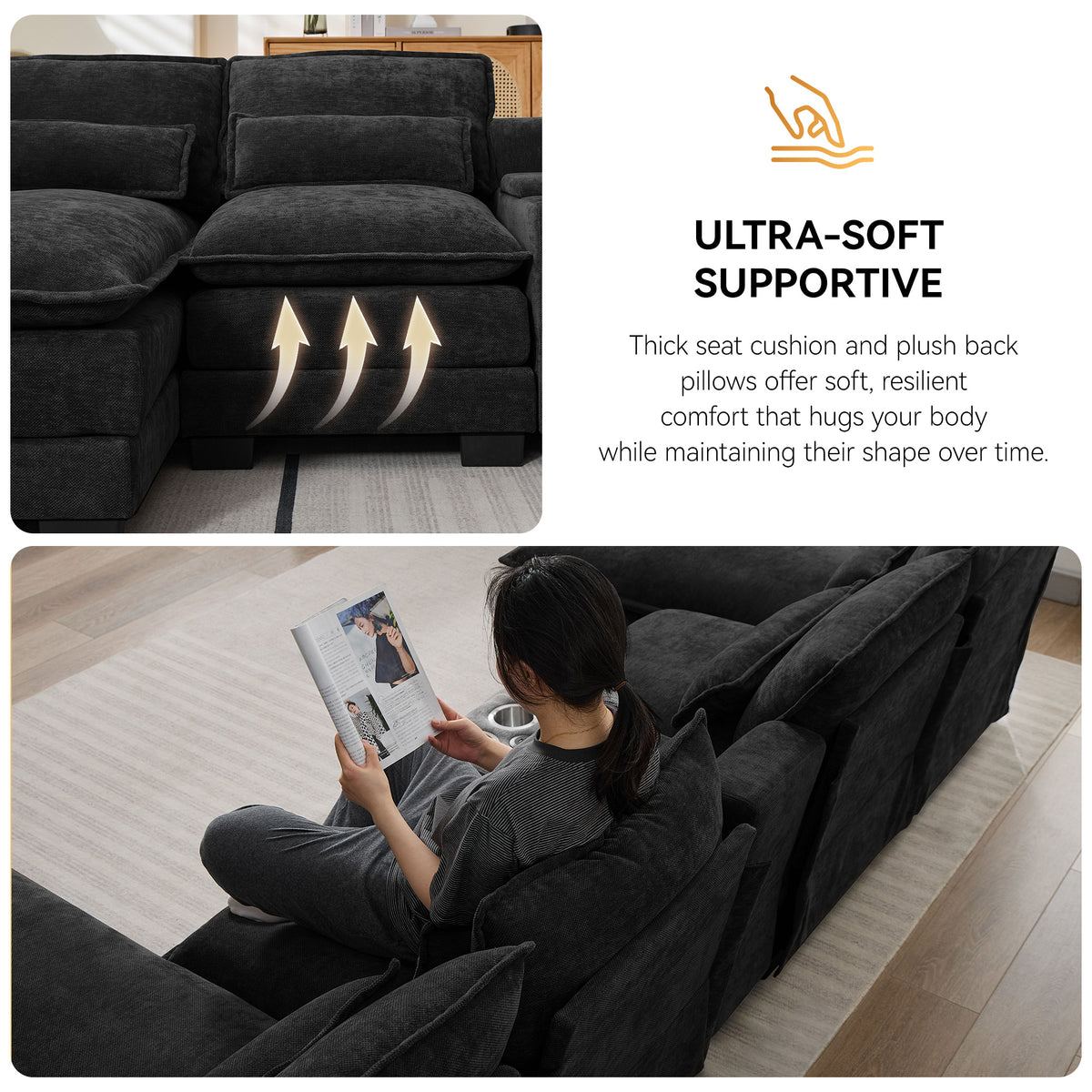 125'' U Shaped Cloud Modular Sectional Sofa with Chaise Lounges, Chenille Upholstered Comfy Couch with Storage Console, USB Charging Ports & Cup Holders, Modern Deep Seat Sofa for Living Room