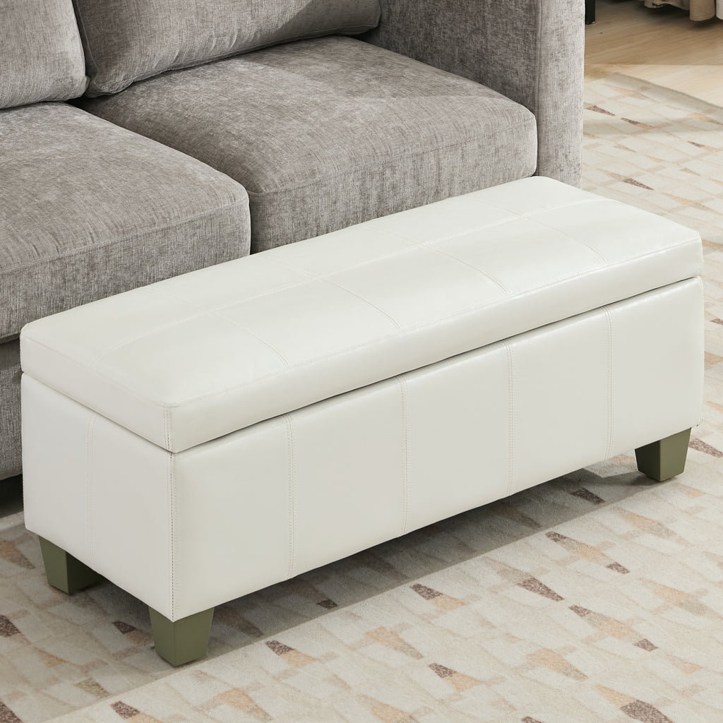 Faux Leather Storage Ottoman Bench, Rectangle Upholstered Storage Bench with Wooden Legs, Stitch Tufted Bench with Storage for Bedroom, Living Room, Entryway