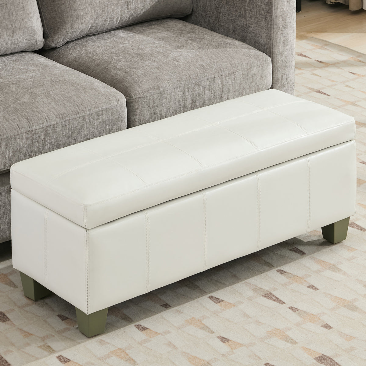 Faux Leather Storage Ottoman Bench, Rectangle Upholstered Storage Bench with Wooden Legs, Stitch Tufted Bench with Storage for Bedroom, Living Room, Entryway