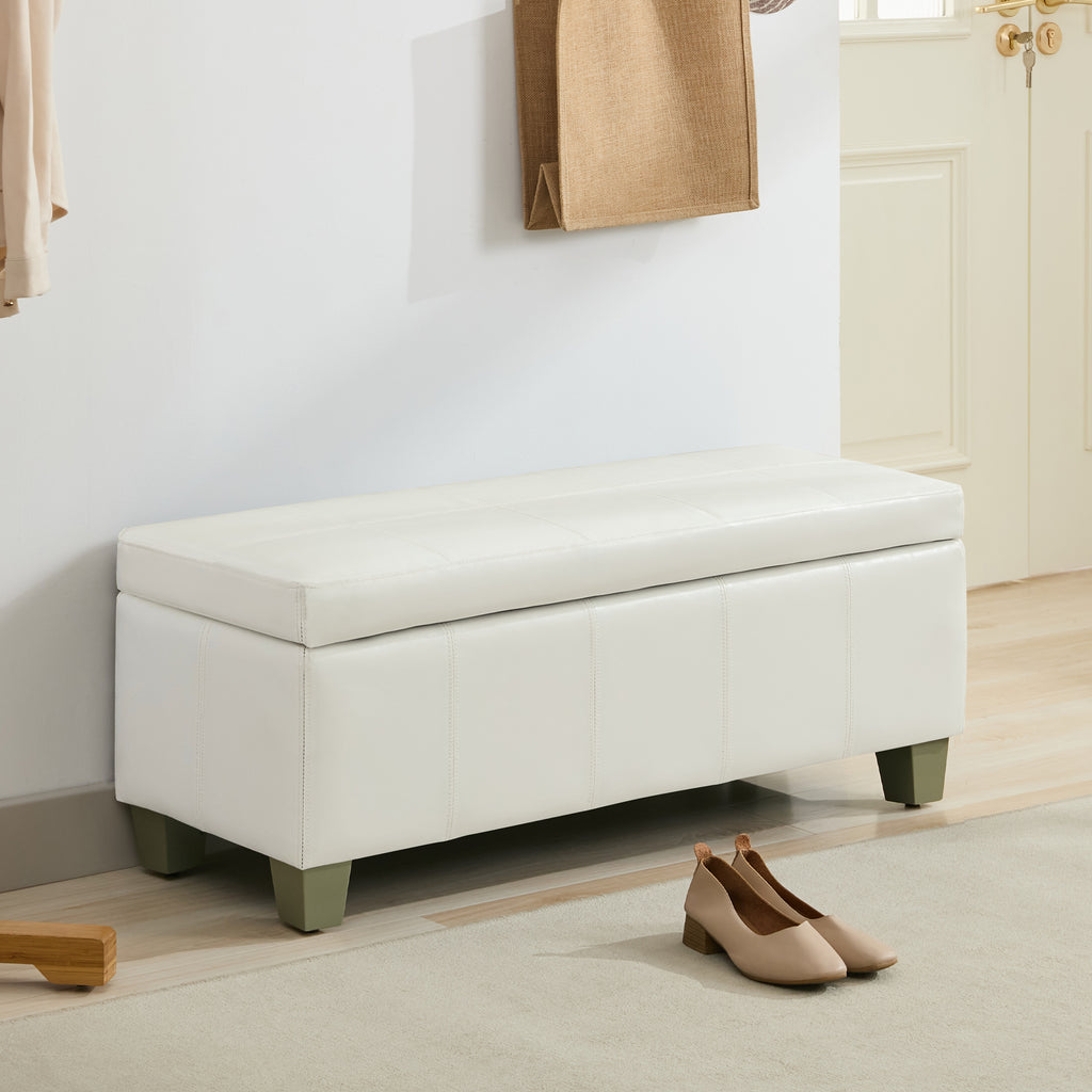 Faux Leather Storage Ottoman Bench, Rectangle Upholstered Storage Bench with Wooden Legs, Stitch Tufted Bench with Storage for Bedroom, Living Room, Entryway