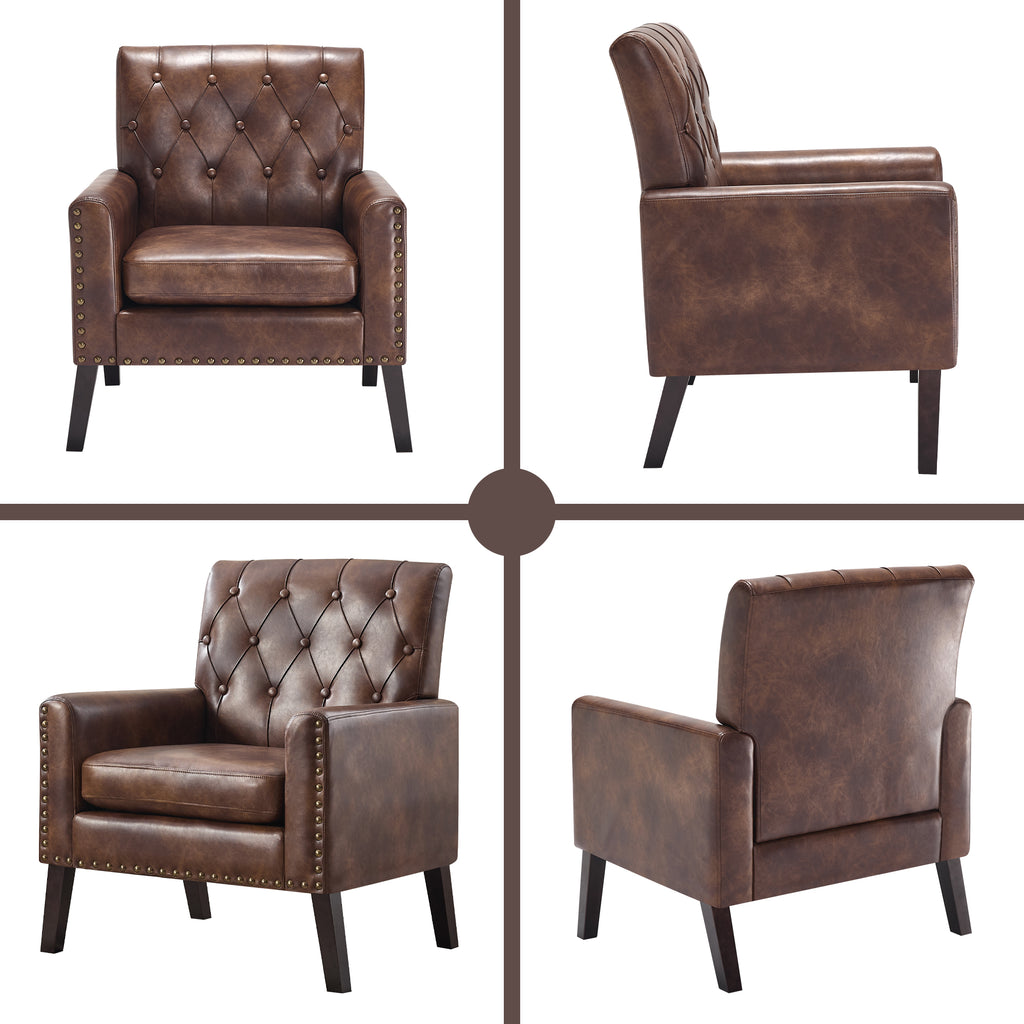 Mid Century Modern Accent Chair, Dark Brown Faux Leather Club Chair for Living Room, Bedroom, Office, or Reception Room