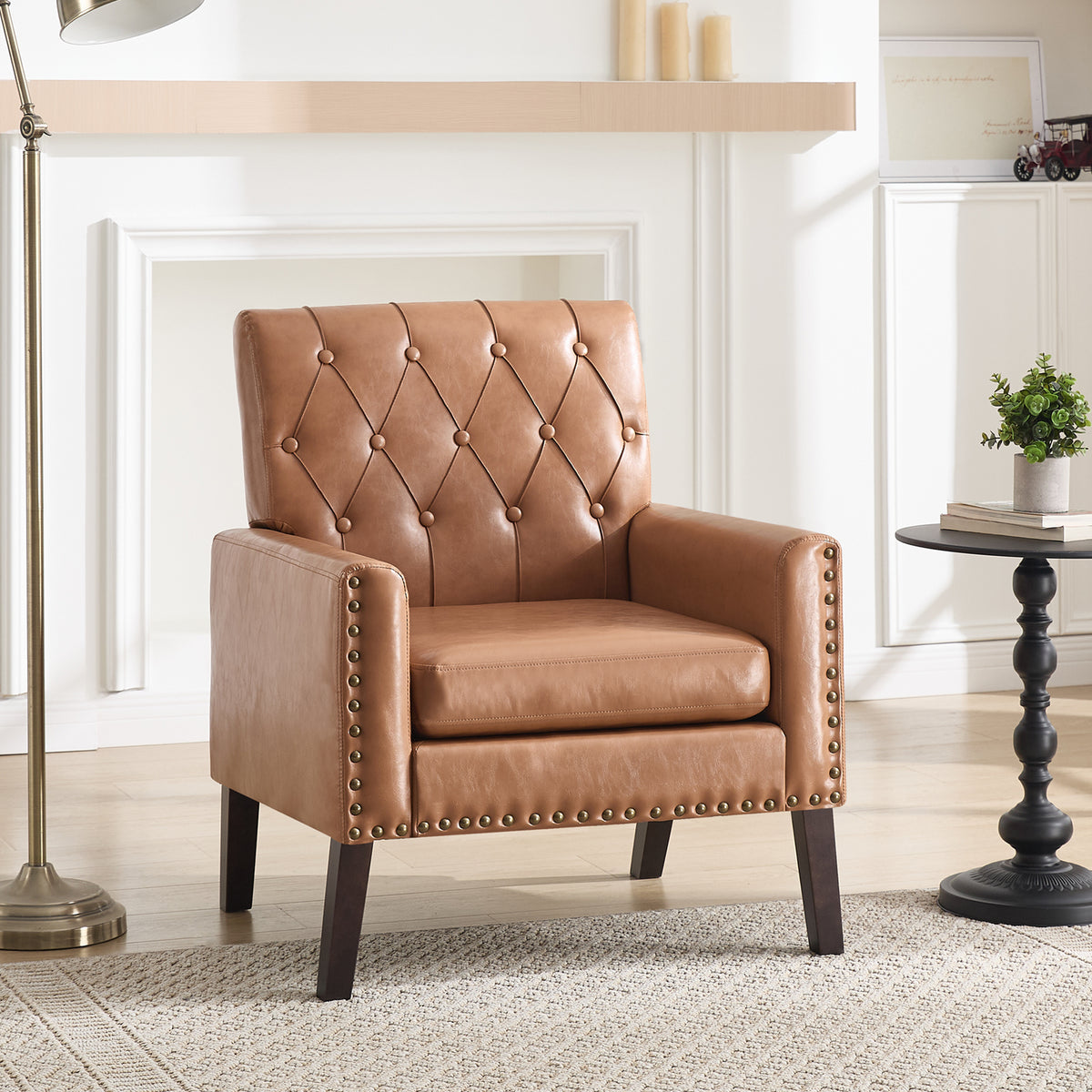 Mid Century Modern Accent Chair, Light Brown Faux Leather Club Chair for Living Room, Bedroom, Office, or Reception Room