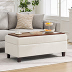 HASLE Storage Ottoman Bench with Wooden Tray, Upholstered Ottoman Coffee Table with Hidden Storage for Living Room Bedroom