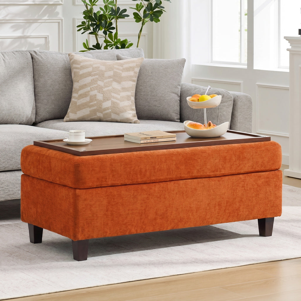 HASLE Storage Ottoman Bench with Wooden Tray, Upholstered Ottoman Coffee Table with Hidden Storage for Living Room Bedroom