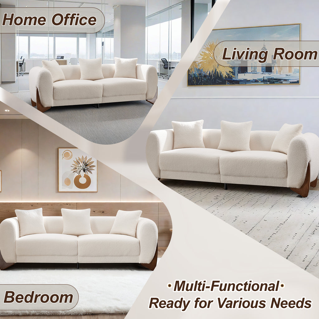 87" Boucle Couch with Solid Wood Legs,Beige