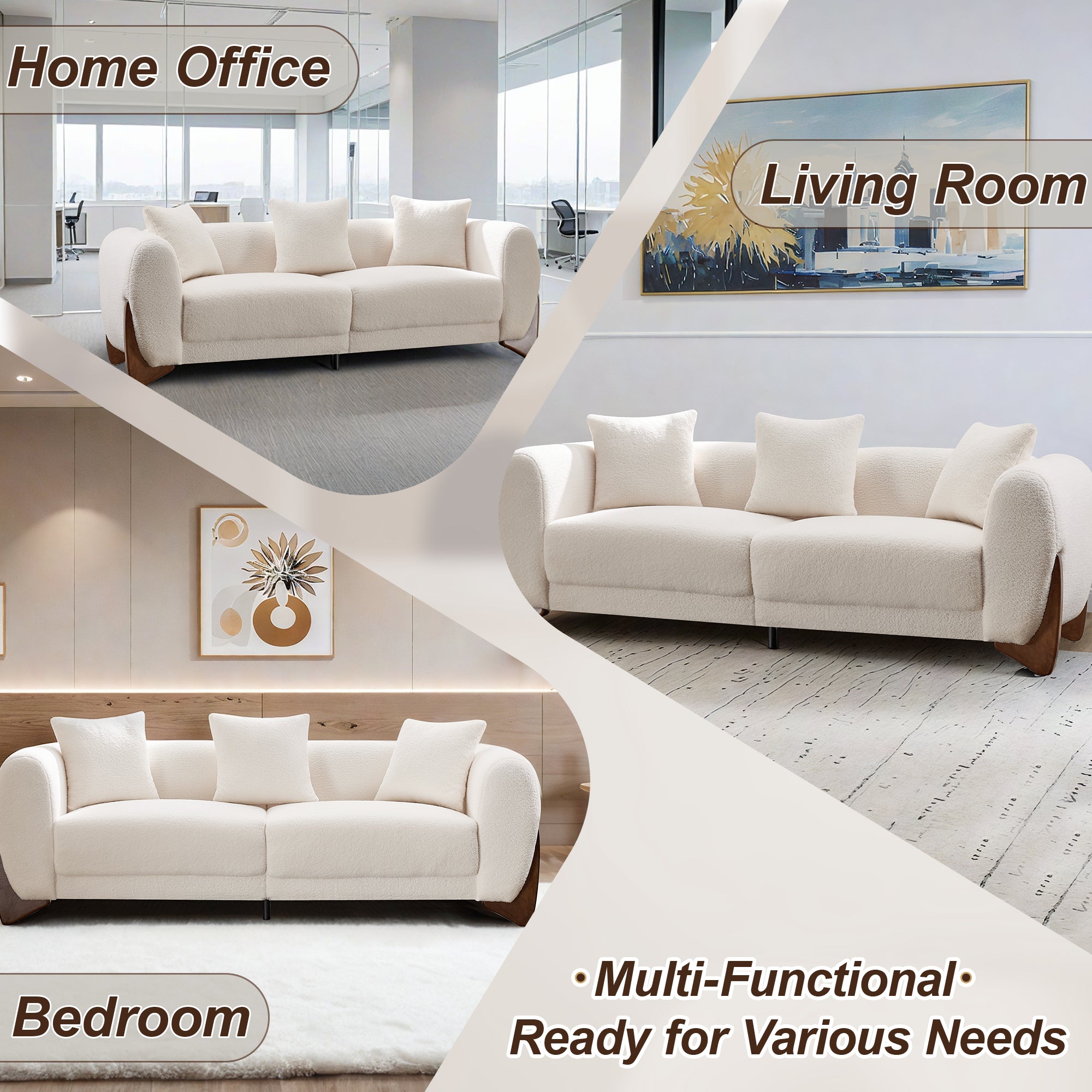 87" Boucle Couch with Solid Wood Legs,Beige