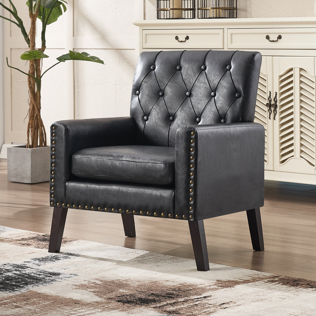 Mid Century Modern Accent Chair, Black Faux Leather Club Chair for Living Room, Bedroom, Office, or Reception Room