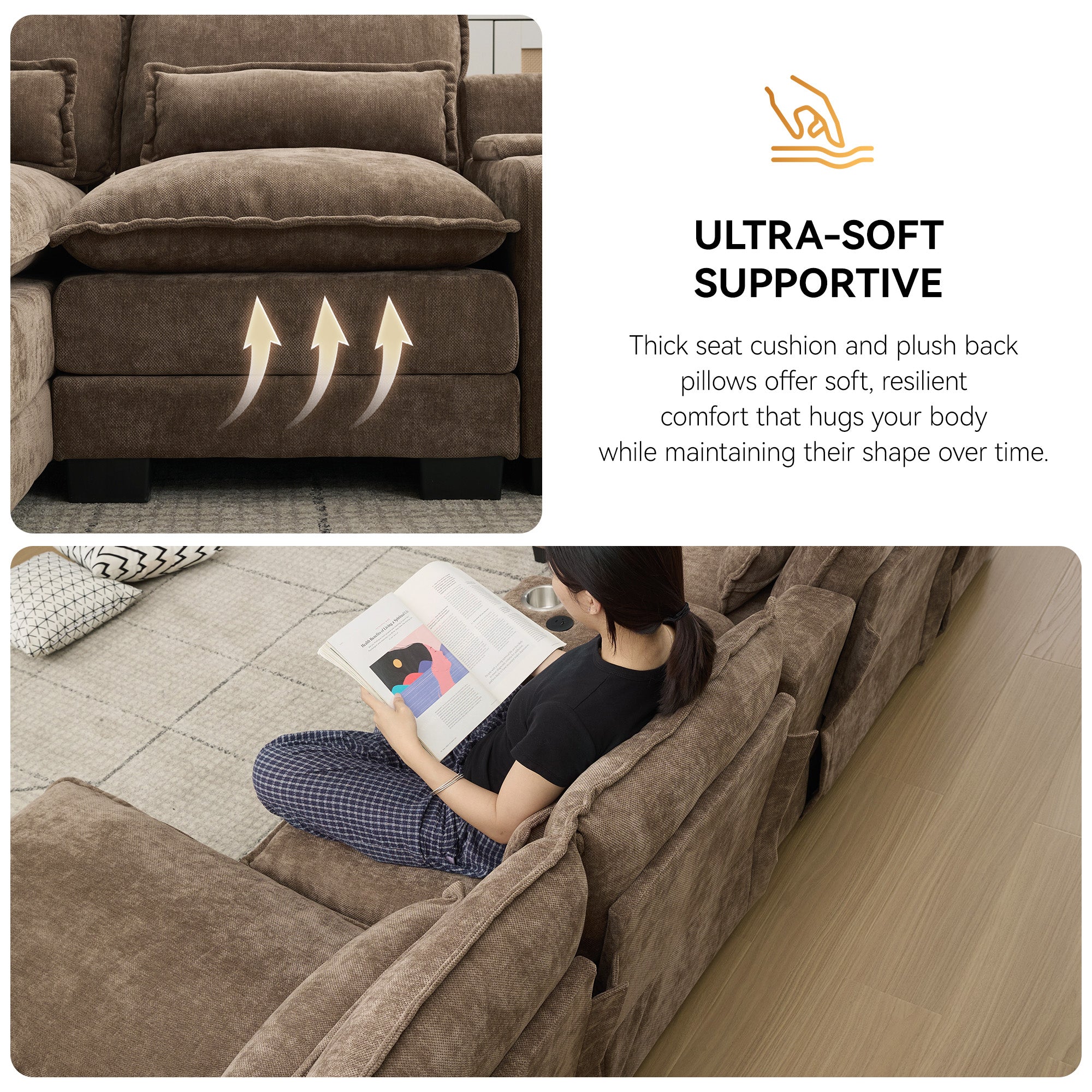 U Shaped Cloud Modular Sofa with Chaise Lounges，Brown