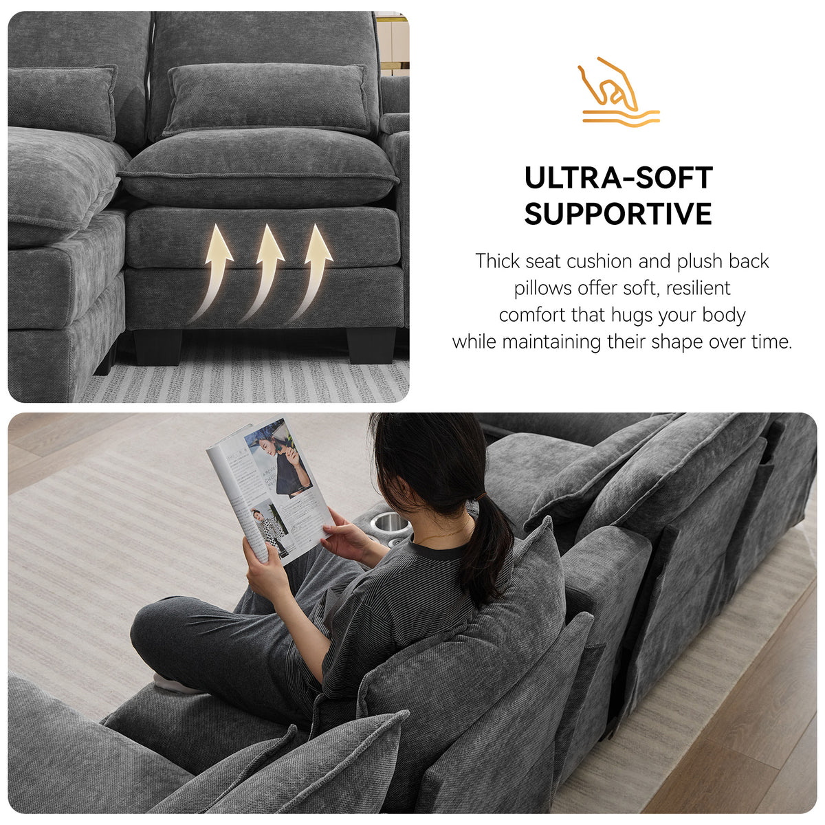 125'' U Shaped Cloud Modular Sectional Sofa with Chaise Lounges, Chenille Upholstered Comfy Couch with Storage Console, USB Charging Ports & Cup Holders, Modern Deep Seat Sofa for Living Room