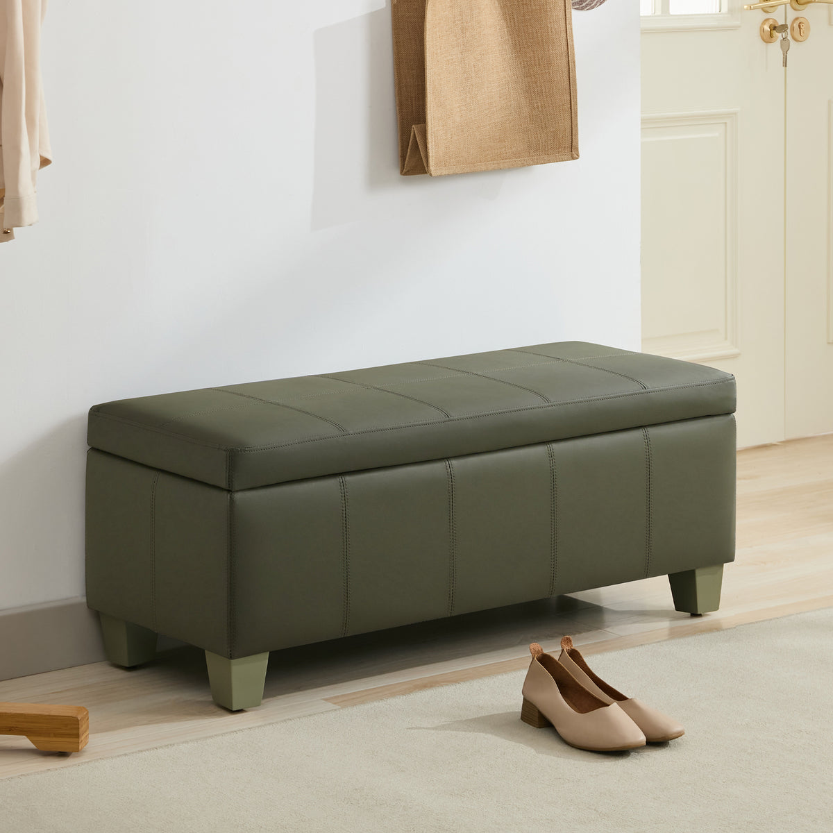 Faux Leather Storage Ottoman Bench, Rectangle Upholstered Storage Bench with Wooden Legs, Stitch Tufted Bench with Storage for Bedroom, Living Room, Entryway