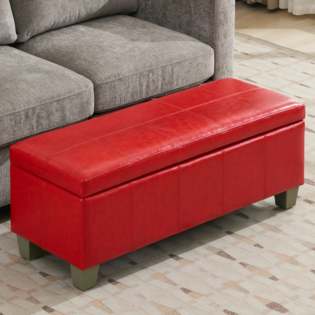 Faux Leather Storage Ottoman Bench, Rectangle Upholstered Storage Bench with Wooden Legs, Stitch Tufted Bench with Storage for Bedroom, Living Room, Entryway