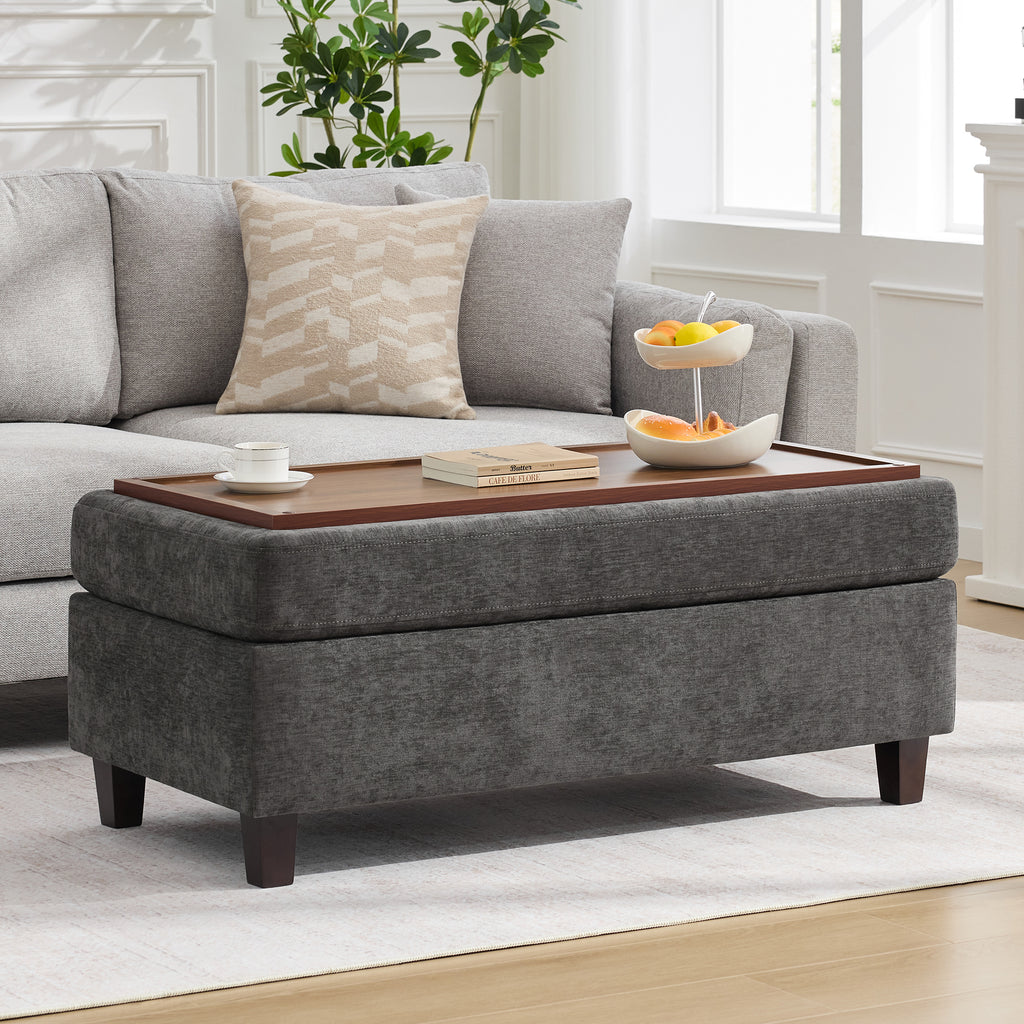 HASLE Storage Ottoman Bench with Wooden Tray, Upholstered Ottoman Coffee Table with Hidden Storage for Living Room Bedroom