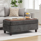 HASLE Storage Ottoman Bench with Wooden Tray, Upholstered Ottoman Coffee Table with Hidden Storage for Living Room Bedroom