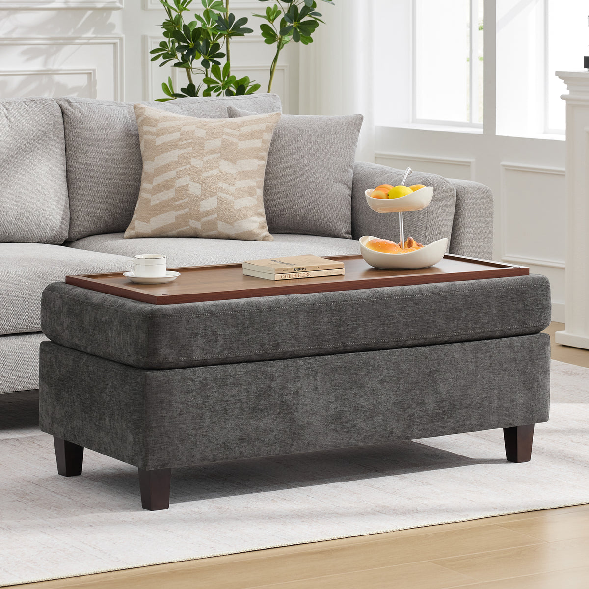 HASLE Storage Ottoman Bench with Wooden Tray, Upholstered Ottoman Coffee Table with Hidden Storage for Living Room Bedroom
