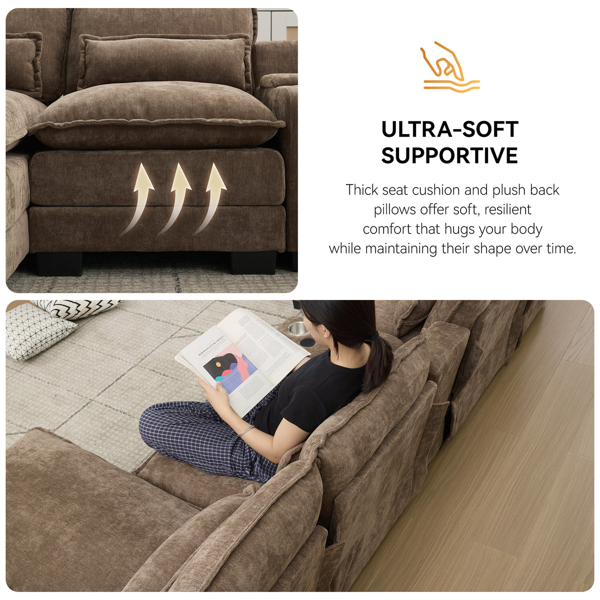 125'' U Shaped Cloud Modular Sectional Sofa with Chaise Lounges, Chenille Upholstered Comfy Couch with Storage Console, USB Charging Ports & Cup Holders, Modern Deep Seat Sofa for Living Room