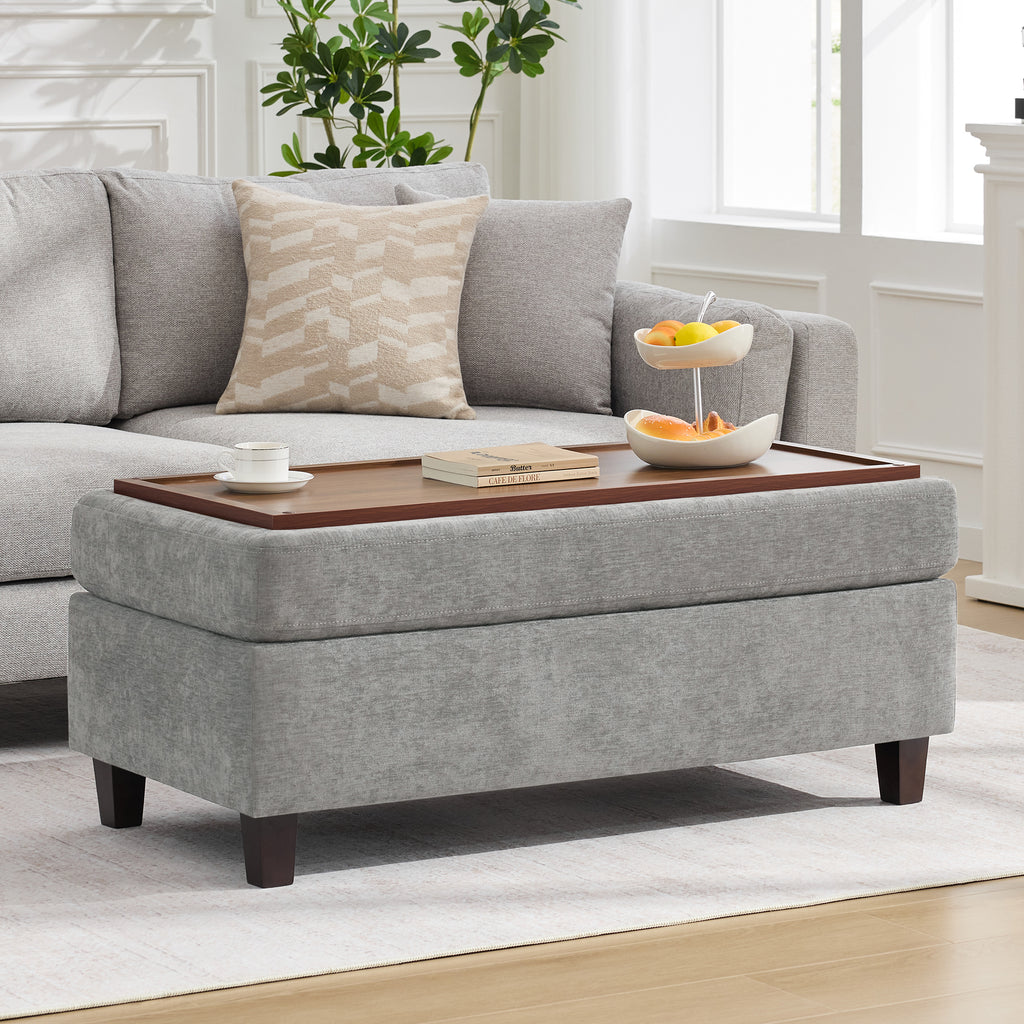 HASLE Storage Ottoman Bench with Wooden Tray, Upholstered Ottoman Coffee Table with Hidden Storage for Living Room Bedroom