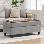 HASLE Storage Ottoman Bench with Wooden Tray, Upholstered Ottoman Coffee Table with Hidden Storage for Living Room Bedroom
