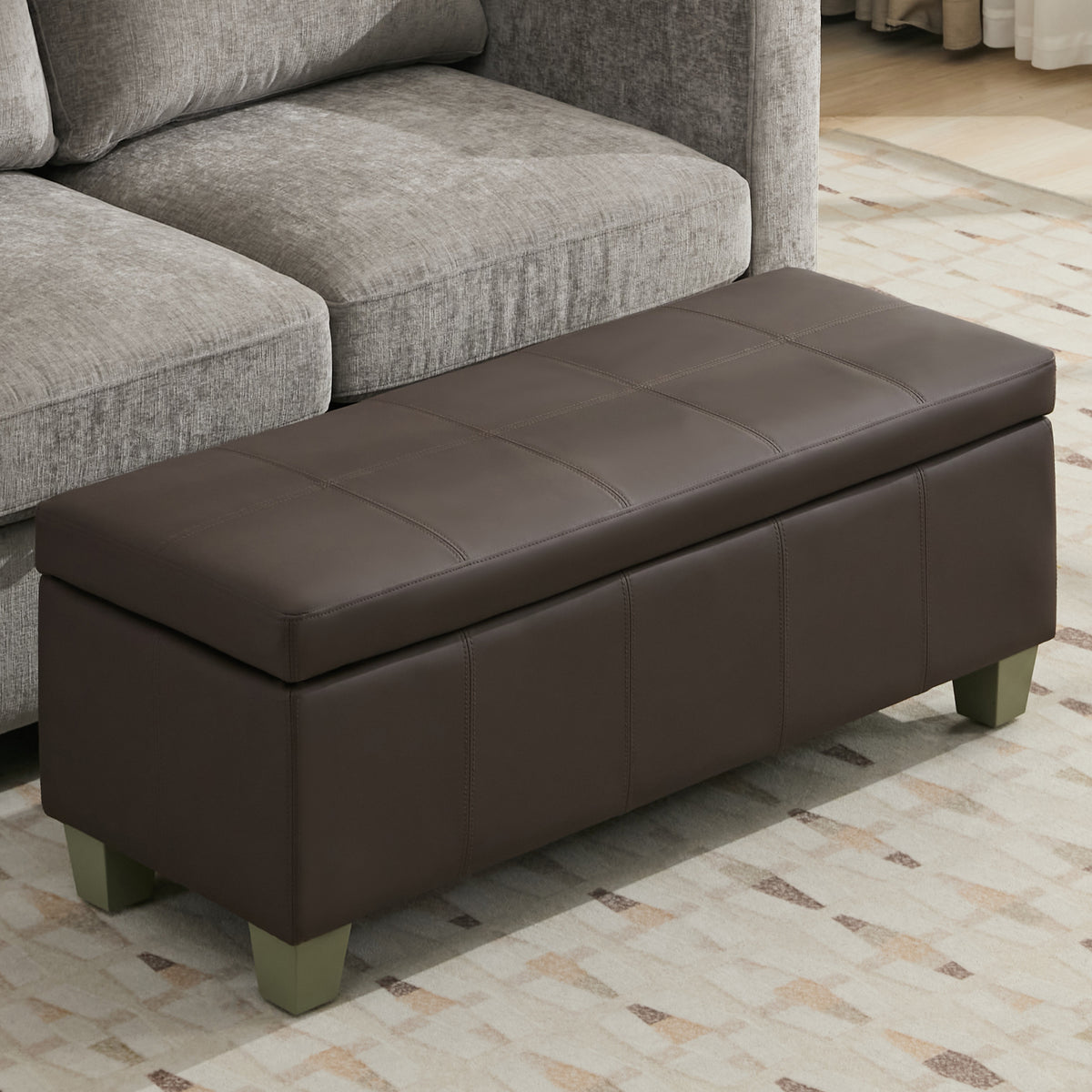 Faux Leather Storage Ottoman Bench, Rectangle Upholstered Storage Bench with Wooden Legs, Stitch Tufted Bench with Storage for Bedroom, Living Room, Entryway