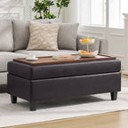 HASLE Storage Ottoman Bench with Wooden Tray, Upholstered Ottoman Coffee Table with Hidden Storage for Living Room Bedroom