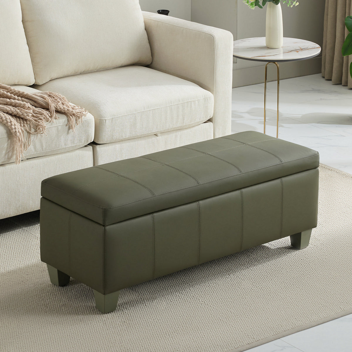 Faux Leather Storage Ottoman Bench, Rectangle Upholstered Storage Bench with Wooden Legs, Stitch Tufted Bench with Storage for Bedroom, Living Room, Entryway