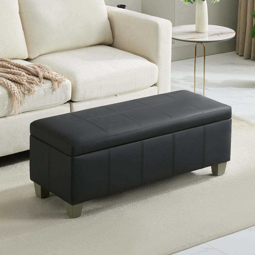 Faux Leather Storage Ottoman Bench, Rectangle Upholstered Storage Bench with Wooden Legs, Stitch Tufted Bench with Storage for Bedroom, Living Room, Entryway