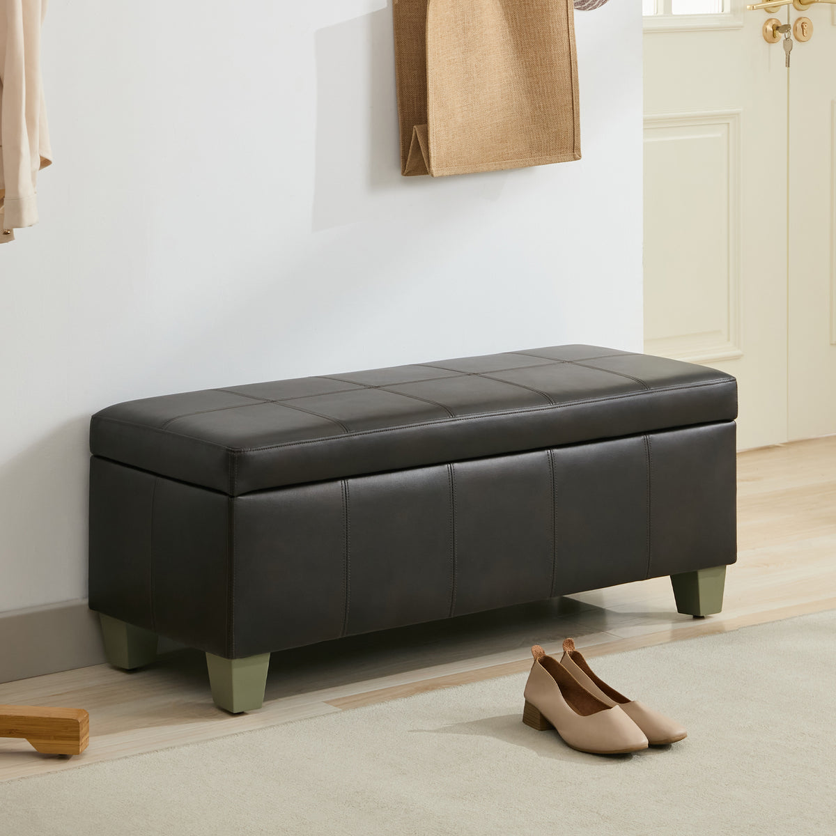 Faux Leather Storage Ottoman Bench, Rectangle Upholstered Storage Bench with Wooden Legs, Stitch Tufted Bench with Storage for Bedroom, Living Room, Entryway