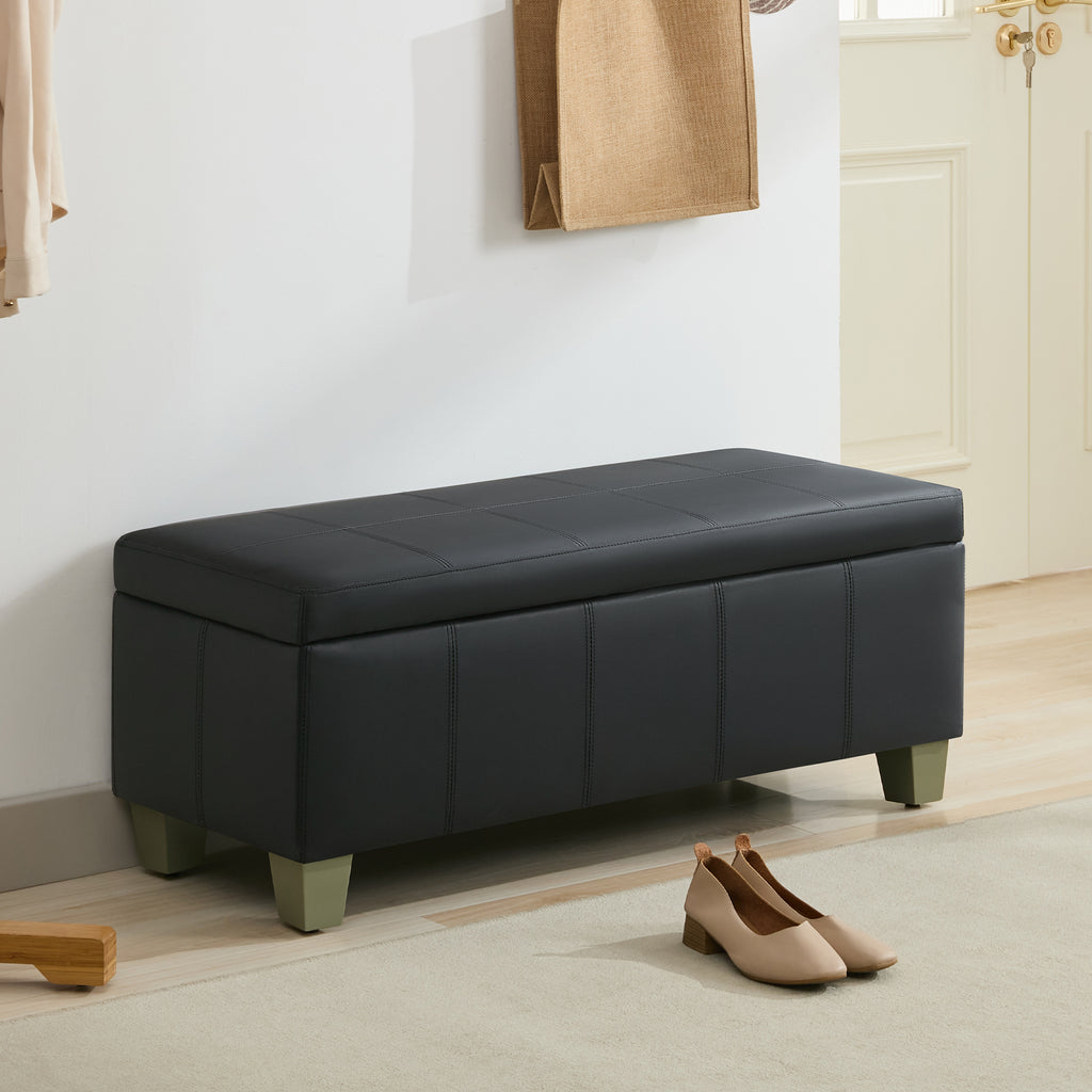 Faux Leather Storage Ottoman Bench, Rectangle Upholstered Storage Bench with Wooden Legs, Stitch Tufted Bench with Storage for Bedroom, Living Room, Entryway