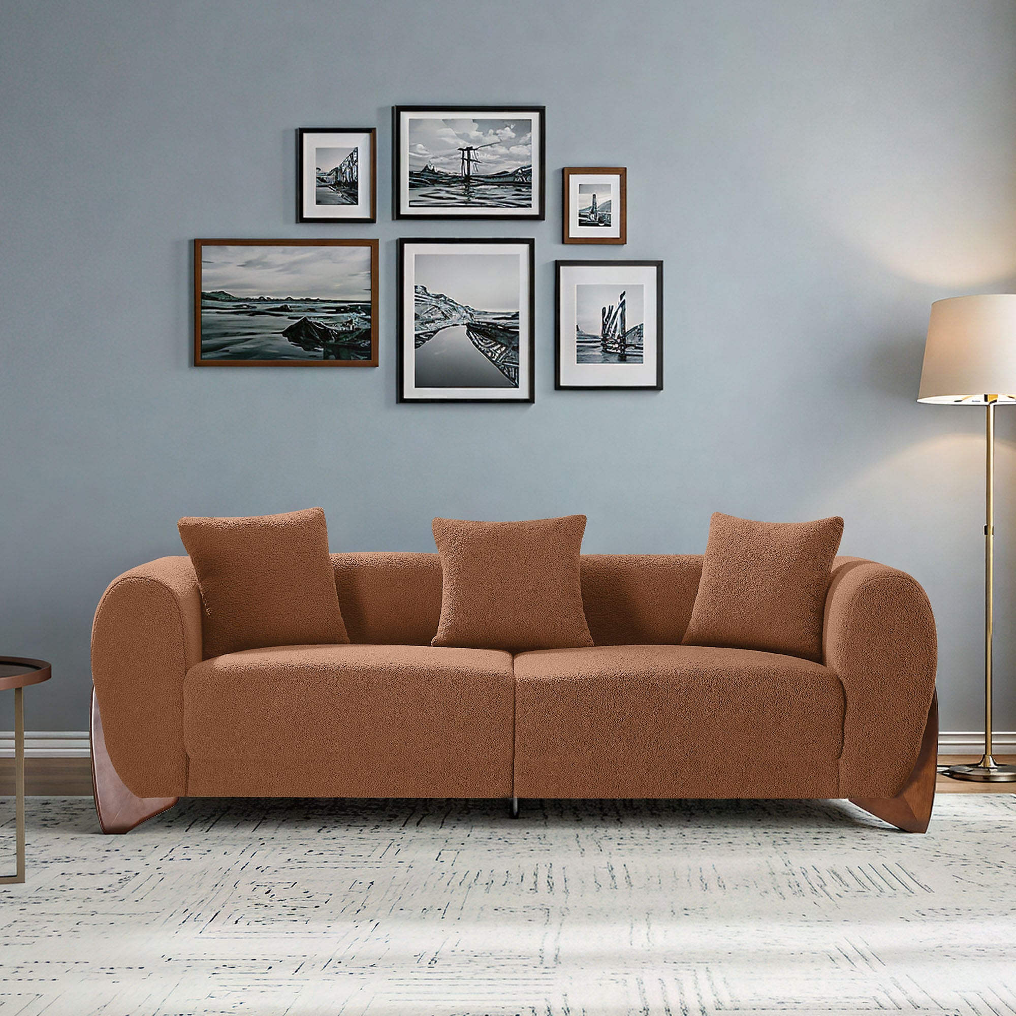 87" Boucle Couch with Solid Wood Legs,Camel