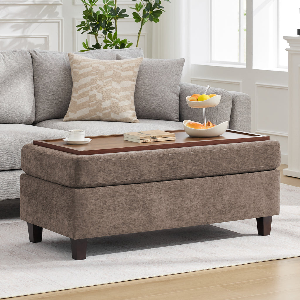 HASLE Storage Ottoman Bench with Wooden Tray, Upholstered Ottoman Coffee Table with Hidden Storage for Living Room Bedroom
