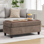 HASLE Storage Ottoman Bench with Wooden Tray, Upholstered Ottoman Coffee Table with Hidden Storage for Living Room Bedroom