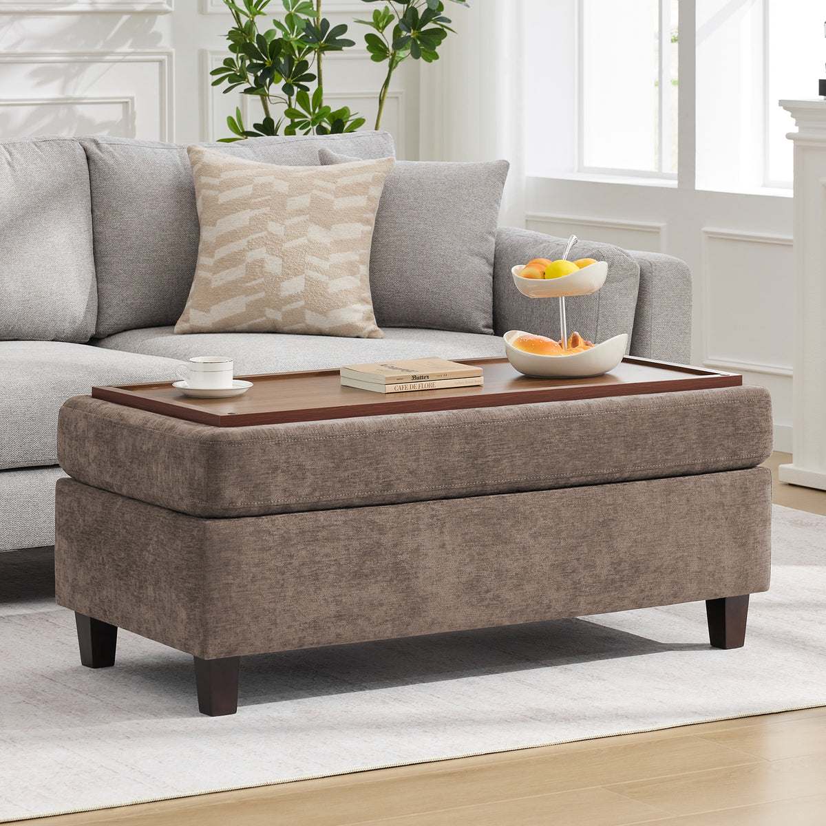 HASLE Storage Ottoman Bench with Wooden Tray, Upholstered Ottoman Coffee Table with Hidden Storage for Living Room Bedroom