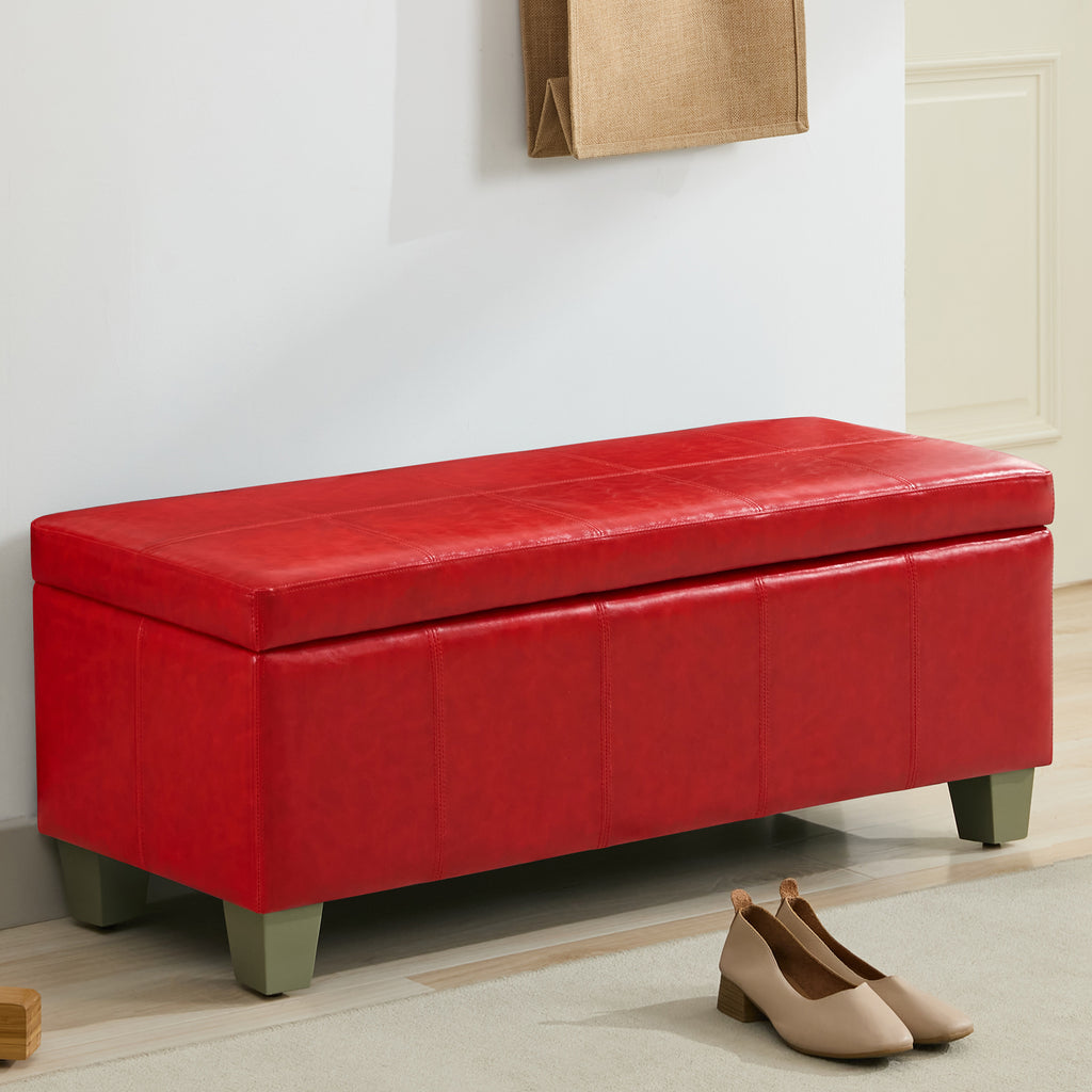 Faux Leather Storage Ottoman Bench, Rectangle Upholstered Storage Bench with Wooden Legs, Stitch Tufted Bench with Storage for Bedroom, Living Room, Entryway