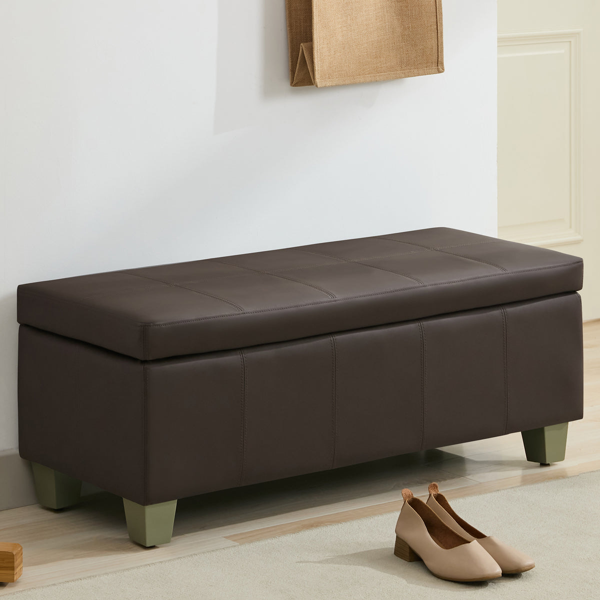 Faux Leather Storage Ottoman Bench, Rectangle Upholstered Storage Bench with Wooden Legs, Stitch Tufted Bench with Storage for Bedroom, Living Room, Entryway