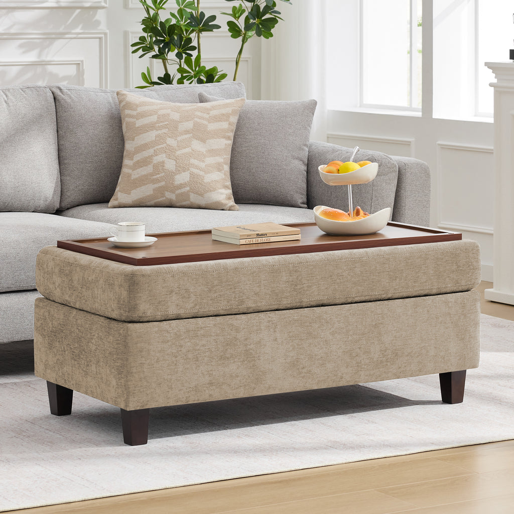 HASLE Storage Ottoman Bench with Wooden Tray, Upholstered Ottoman Coffee Table with Hidden Storage for Living Room Bedroom