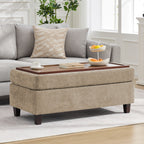 HASLE Storage Ottoman Bench with Wooden Tray, Upholstered Ottoman Coffee Table with Hidden Storage for Living Room Bedroom