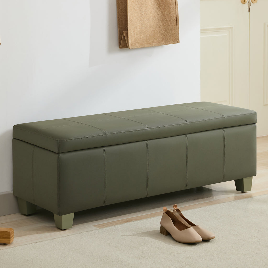 Faux Leather Storage Ottoman Bench, Rectangle Upholstered Storage Bench with Wooden Legs, Stitch Tufted Bench with Storage for Bedroom, Living Room, Entryway