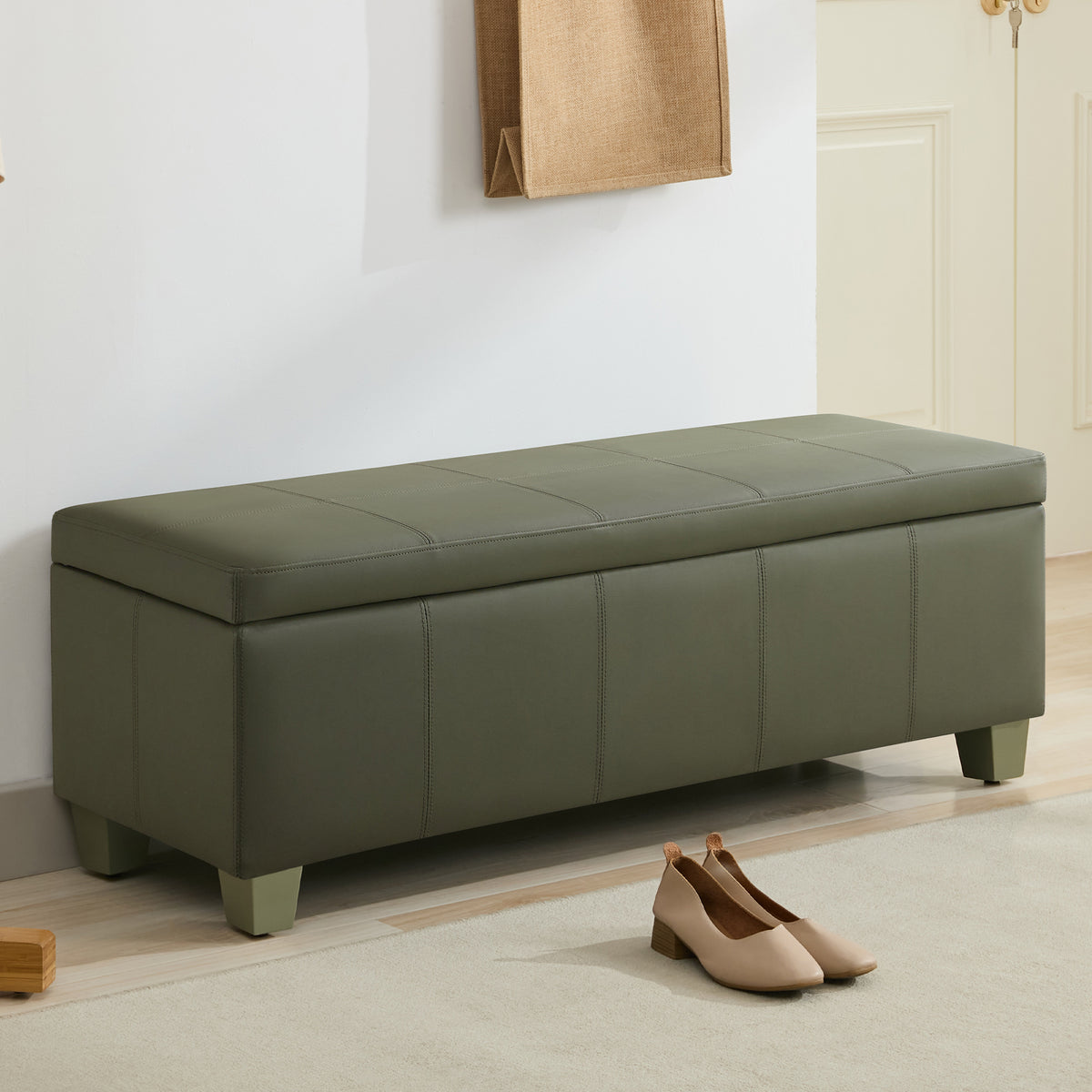 Faux Leather Storage Ottoman Bench, Rectangle Upholstered Storage Bench with Wooden Legs, Stitch Tufted Bench with Storage for Bedroom, Living Room, Entryway