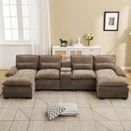 U Shaped Cloud Modular Sofa with Chaise Lounges，Brown