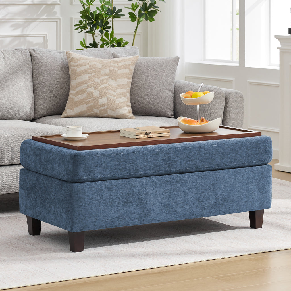 HASLE Storage Ottoman Bench with Wooden Tray, Upholstered Ottoman Coffee Table with Hidden Storage for Living Room Bedroom