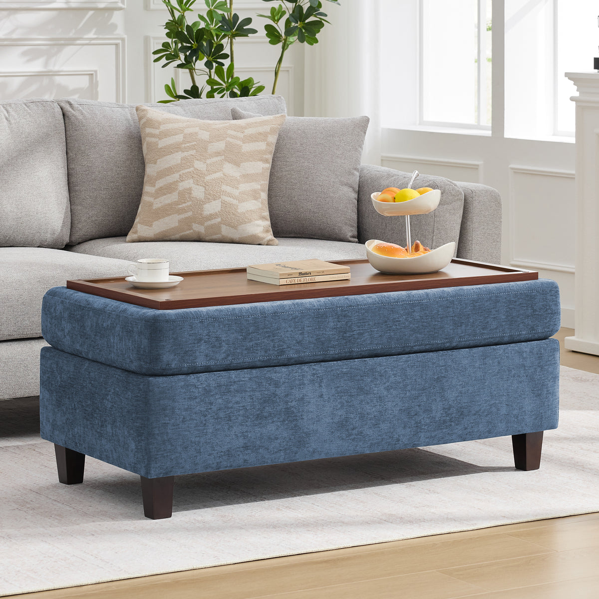 HASLE Storage Ottoman Bench with Wooden Tray, Upholstered Ottoman Coffee Table with Hidden Storage for Living Room Bedroom