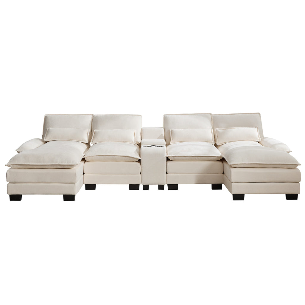 U Shaped Cloud Modular Sofa with Chaise Lounges，Beige